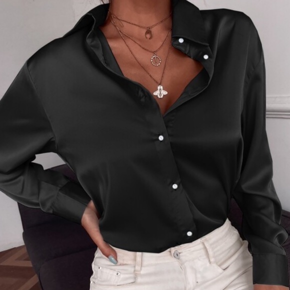 Satin boyfriend button down silky blouse hot pink - Picture 12 of 15